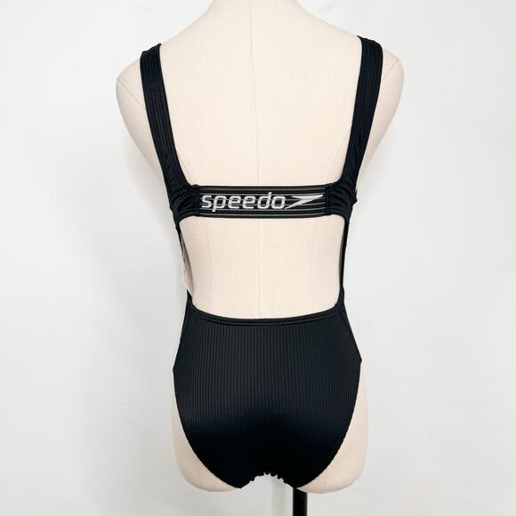 NWT Speedo Rib Logo One Piece Swimsuit Black Swimwear UPF 50 Pool Beach Size 6 - Picture 4 of 12